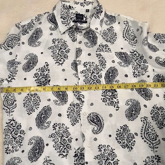 SAKS FIFTH AVENUE  BLUE 100% LINEN slim fit button front shirt Size L Paisley - Picture 15 of 16